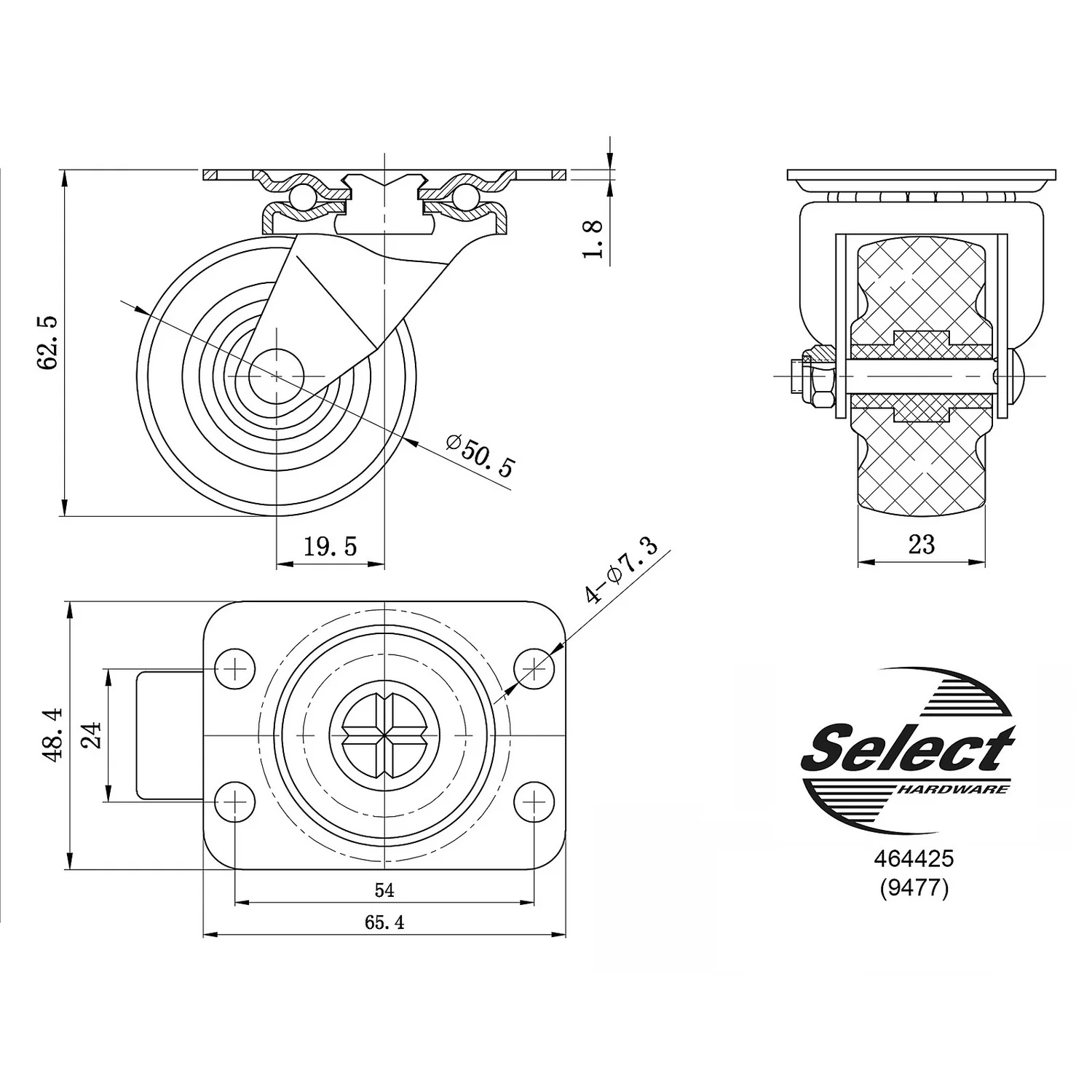 None Plate Castor 50mm - 1 Pack - Image 2