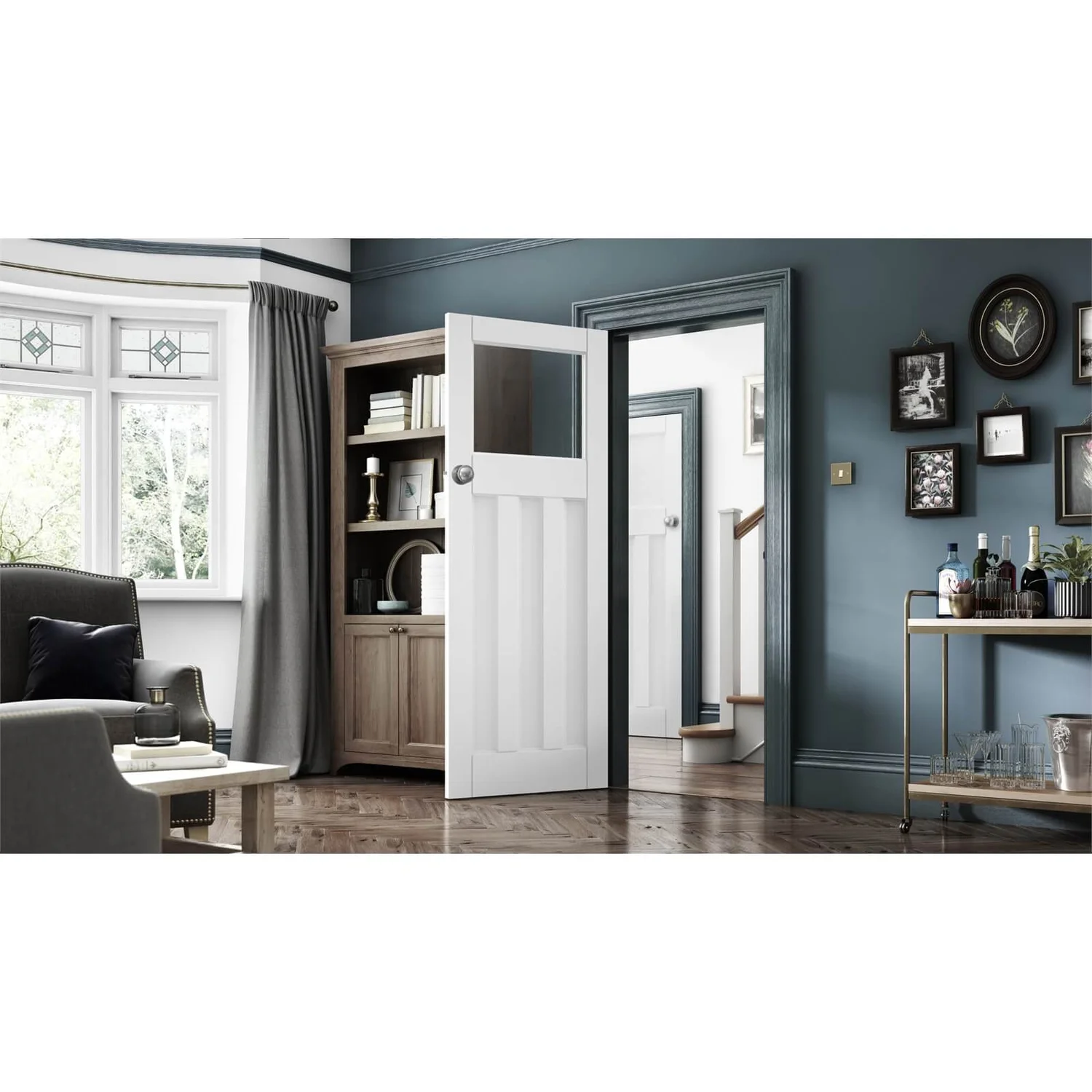 Deco 3 Panel Clear Glazed White Primed Interior Door 1981 X 686mm - Image 2