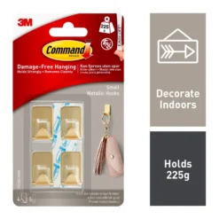 Command Self-Adhesive Small Metallic Hook Gold Colour - 4 Hooks, 5 Strips
