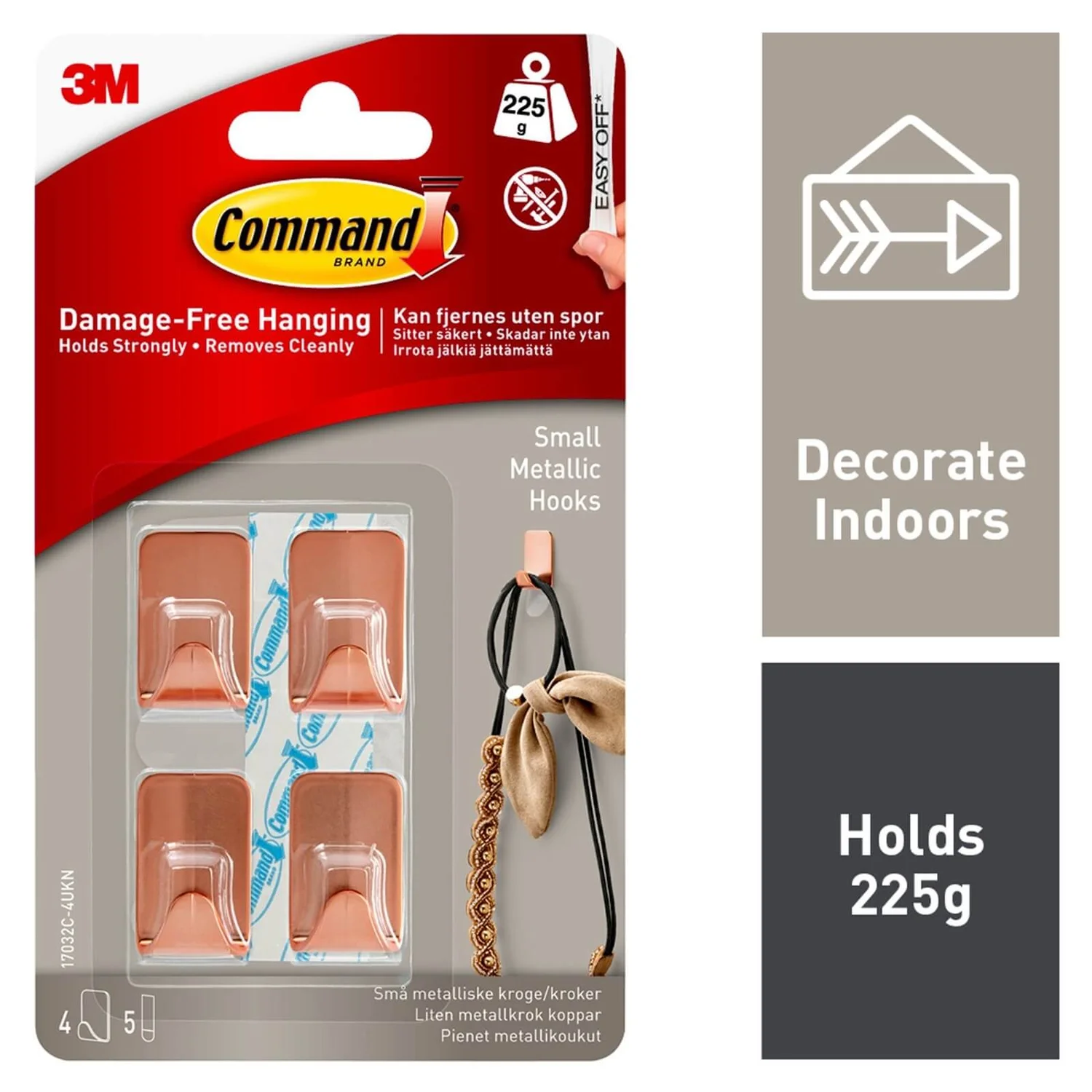 Command Self-Adhesive Small Metallic Hooks Copper Colour - 4 Hooks - 5 Strips