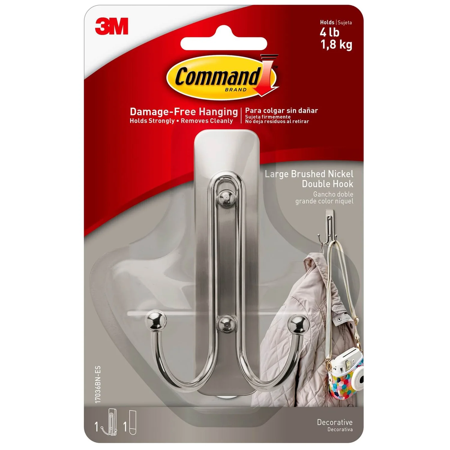 Command Large Self Adhesive Double Hook - Brushed Nickel - Image 2