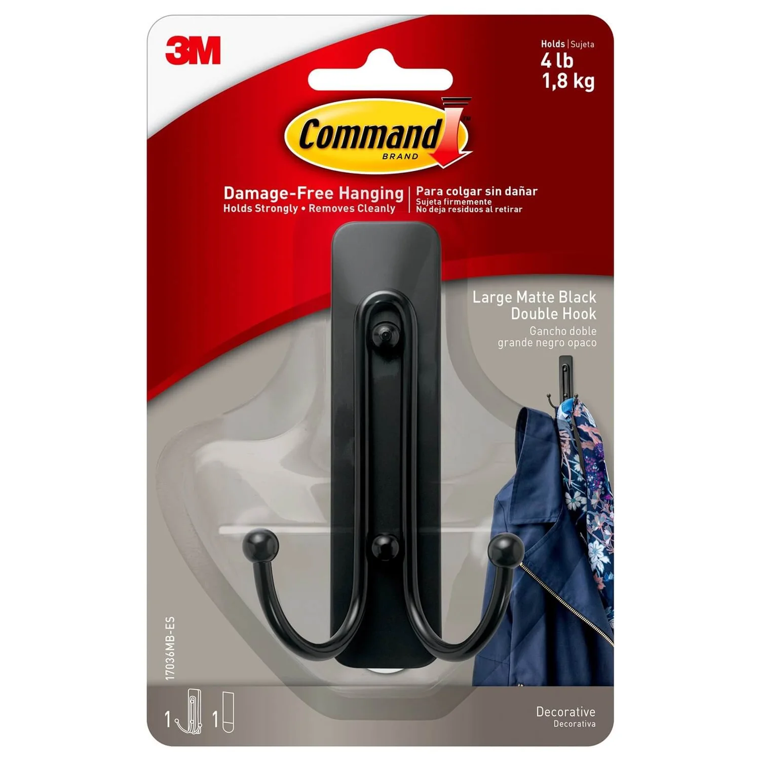 Command Large Self Adhesive Double Hook - Matte Black - Image 3