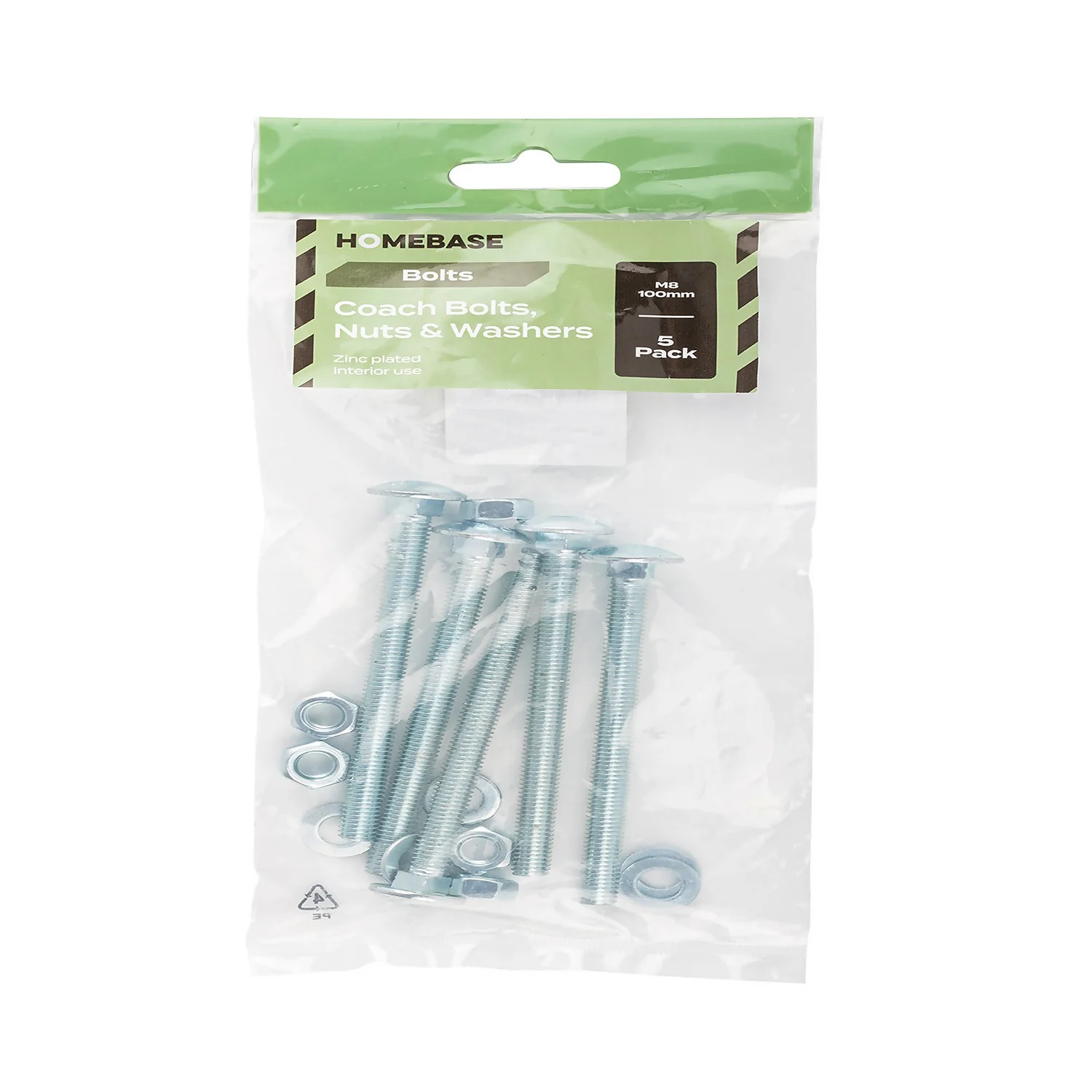 Homebase Zinc Plated Coach Bolt M8 100mm 5 Pack - Image 4