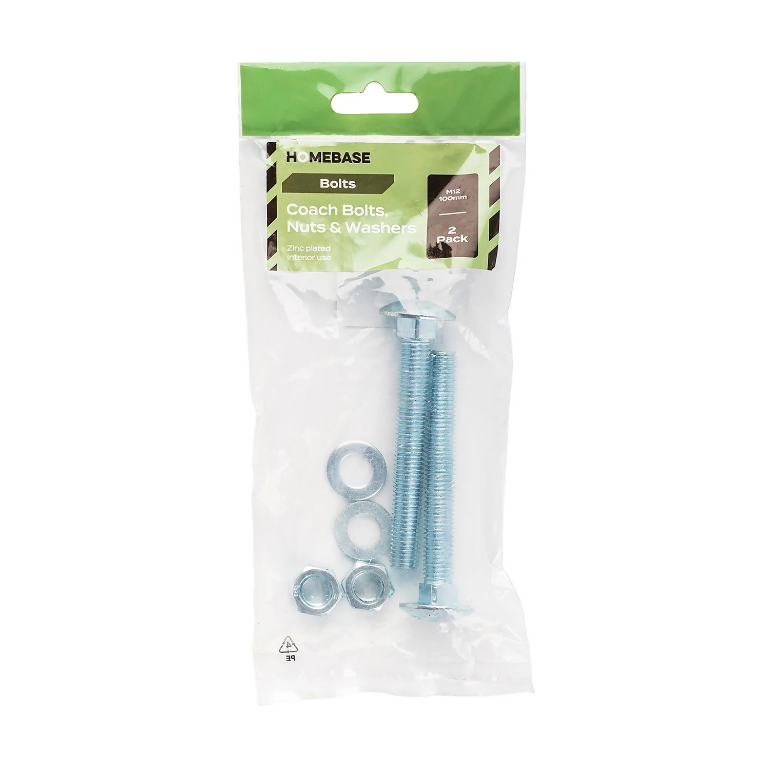 Homebase Zinc Plated Coach Bolt M12 100mm 2 Pack - Image 3